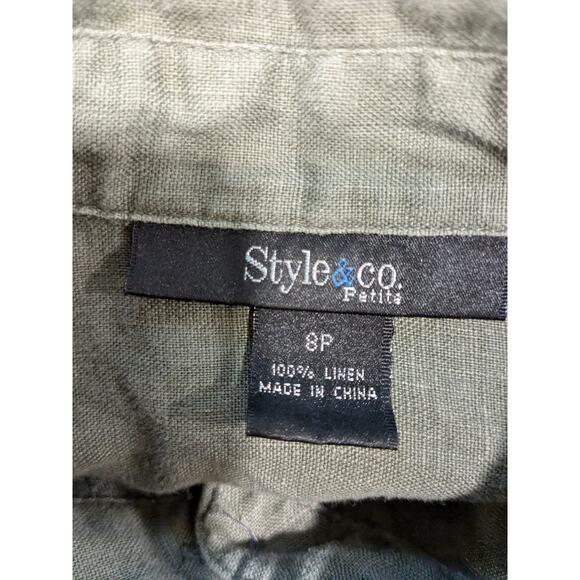 Style & Co 100% Linen Army Green Button Front Shirt Size 8 Petite Long Sleeve - Picture 3 of 4